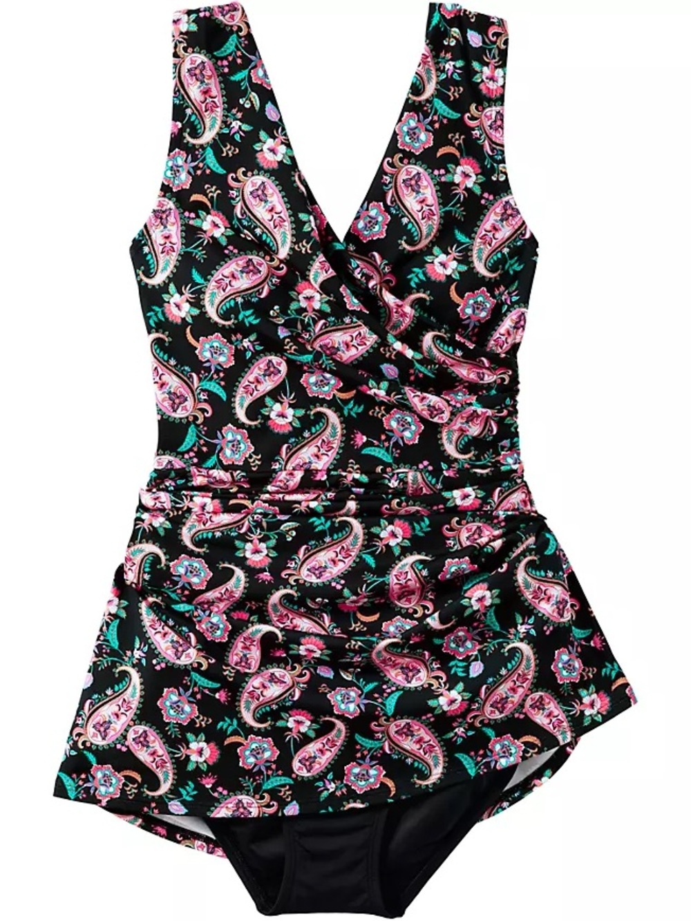 Lands' End Black One-Piece Swimdress with Pink & Teal Paisley 16W
